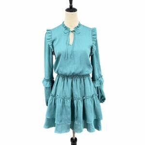 Joy Joy Teal Sparkle Ruffle Tiered Long Sleeve Neck Tie Boho Prairie Mini Dress